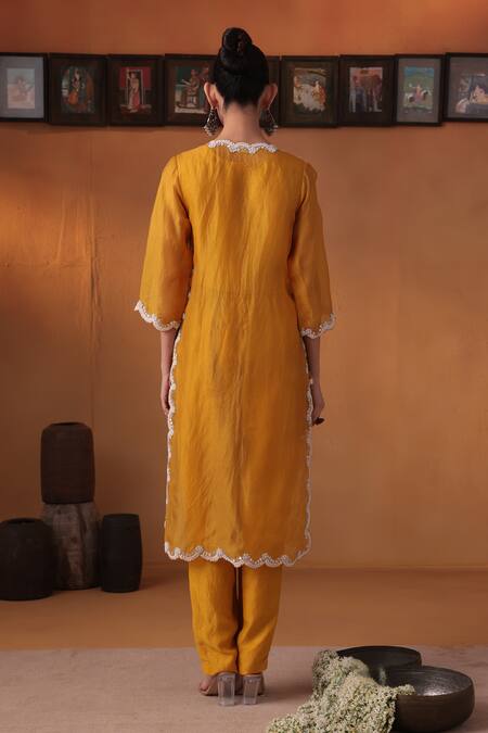 Shop Ekru Mustard Organza, Linen Embroidery Open Neck Yellow Zariya Kurta Set at Aza Fashions Shop_Ekru_Mustard Organza, Linen Embroidery Open Neck Yellow Zariya Kurta Set_at_Aza_Fashions