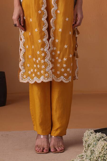 Shop Ekru Mustard Organza, Linen Embroidery Open Neck Yellow Zariya Kurta Set Online at Aza Fashions Shop_Ekru_Mustard Organza, Linen Embroidery Open Neck Yellow Zariya Kurta Set_Online_at_Aza_Fashions
