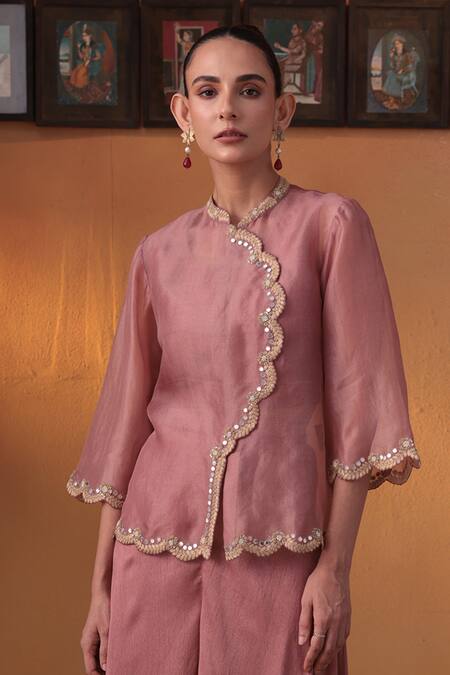 Ekru_Pink Organza, Silk Embroidery High Neck Canyon Rose Jacket And Pant Set_Online_at_Aza_Fashions