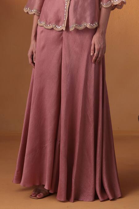 Buy_Ekru_Pink Organza, Silk Embroidery High Neck Canyon Rose Jacket And Pant Set_Online_at_Aza_Fashions