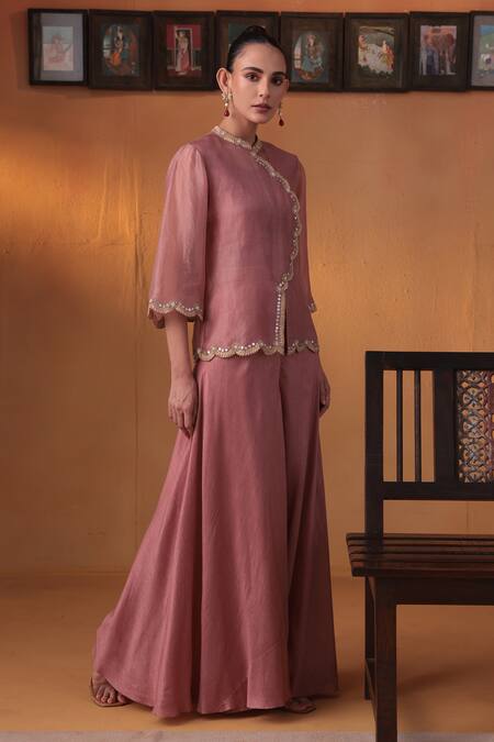 Shop_Ekru_Pink Organza, Silk Embroidery High Neck Canyon Rose Jacket And Pant Set_Online_at_Aza_Fashions