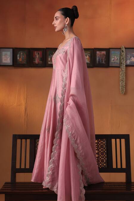 Buy_Ekru_Pink Chanderi, Organza Embroidery Round Neck Raag-e-noor Anarkali Kurta Set_Online_at_Aza_Fashions
