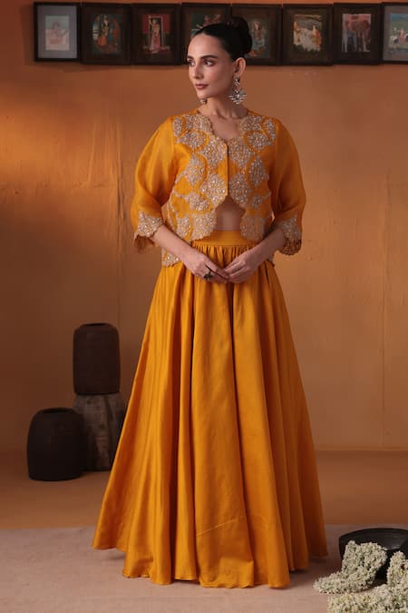 Ekru Mustard Organza, Chanderi Embroidery Round Swarna Leher Jacket And Lehenga Set 