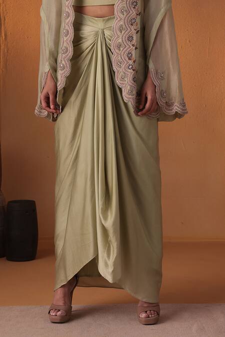 Ekru_Mint Organza, Modal Embroidery Open Neck Green Kiran Ka Saaya Jacket Set_Online_at_Aza_Fashions