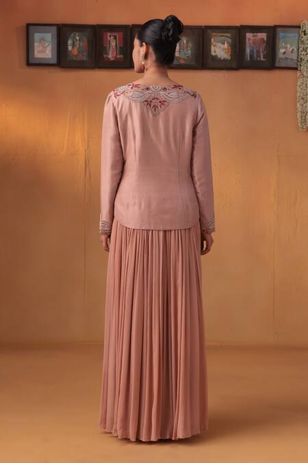 Shop Ekru Pink Chiffon, Silk, Linen Sequins, Embroidery Genda Phool Jacket And Lehenga Set at Aza Fashions Shop_Ekru_Pink Chiffon, Silk, Linen Sequins, Embroidery Genda Phool Jacket And Lehenga Set_at_Aza_Fashions