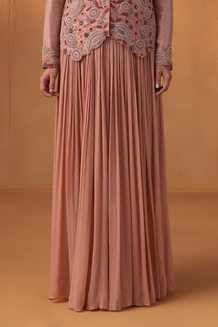 Ekru Pink Chiffon, Silk, Linen Sequins, Embroidery Genda Phool Jacket And Lehenga Set Online at Aza Fashions Ekru_Pink Chiffon, Silk, Linen Sequins, Embroidery Genda Phool Jacket And Lehenga Set_Online_at_Aza_Fashions