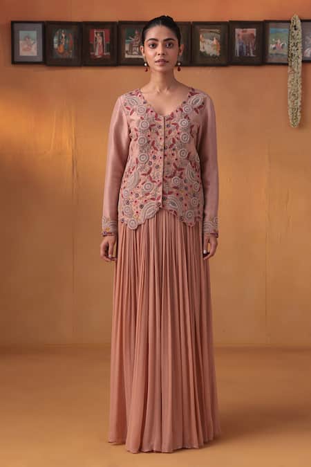 Ekru Pink Chiffon, Silk, Linen Sequins, Embroidery Genda Phool Jacket And Lehenga Set 