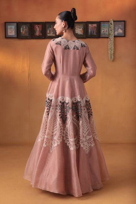 Shop Ekru Pink Organza Embroidery Round Neck Gown at Aza Fashions Shop_Ekru_Pink Organza Embroidery Round Neck Gown_at_Aza_Fashions