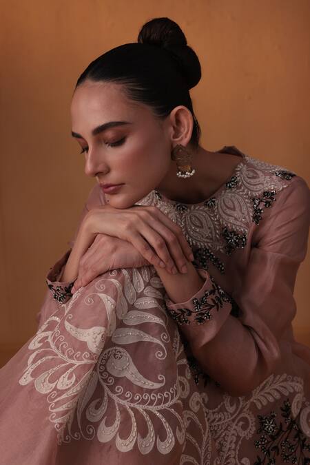 Ekru Pink Organza Embroidery Round Neck Gown Online at Aza Fashions Ekru_Pink Organza Embroidery Round Neck Gown_Online_at_Aza_Fashions