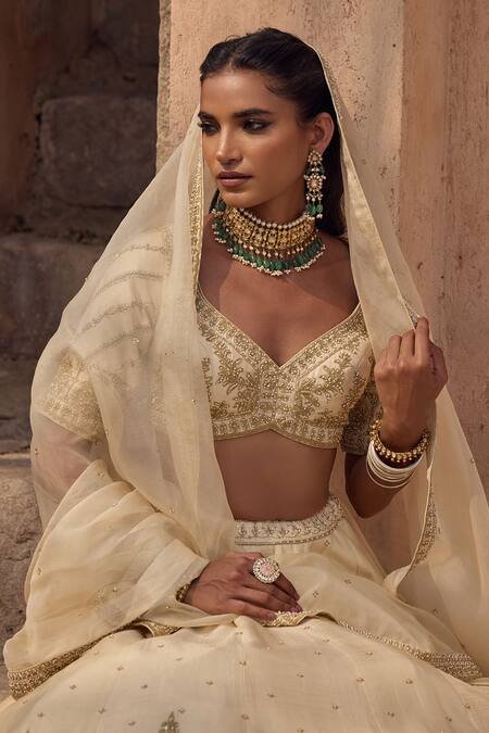 Shop Kritika Dawar Ivory , Organza Embroidery, Pearls V-neck Lehenga Set Online at Aza Fashions Shop_Kritika Dawar_Ivory , Organza Embroidery, Pearls V-neck Lehenga Set _Online_at_Aza_Fashions