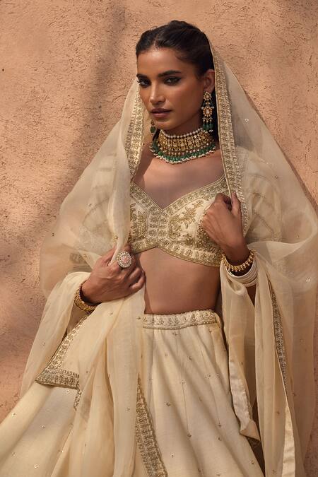 Shop Kritika Dawar Ivory , Organza Embroidery, Pearls V-neck Lehenga Set Shop_Kritika Dawar_Ivory , Organza Embroidery, Pearls V-neck Lehenga Set
