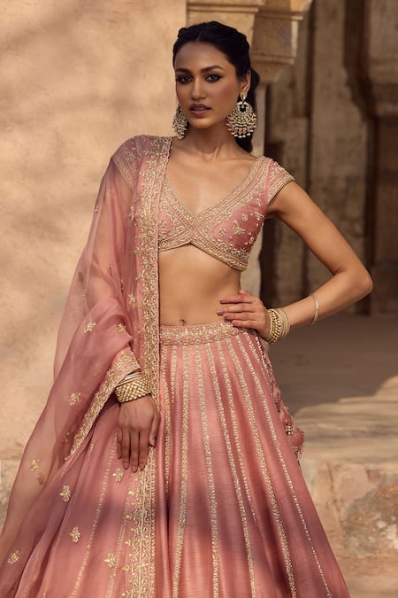 Shop Kritika Dawar Blush , Organza Pearls, Zari, Embroidery V-neck Lehenga Set Online at Aza Fashions Shop_Kritika Dawar_Blush , Organza Pearls, Zari, Embroidery V-neck Lehenga Set _Online_at_Aza_Fashions