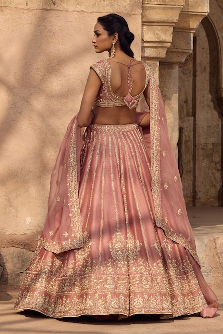 Kritika Dawar Blush , Organza Pearls, Zari, Embroidery V-neck Lehenga Set Online at Aza Fashions Kritika Dawar_Blush , Organza Pearls, Zari, Embroidery V-neck Lehenga Set _Online_at_Aza_Fashions