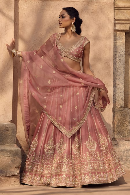 Buy Kritika Dawar Blush , Organza Pearls, Zari, Embroidery V-neck Lehenga Set Buy_Kritika Dawar_Blush , Organza Pearls, Zari, Embroidery V-neck Lehenga Set