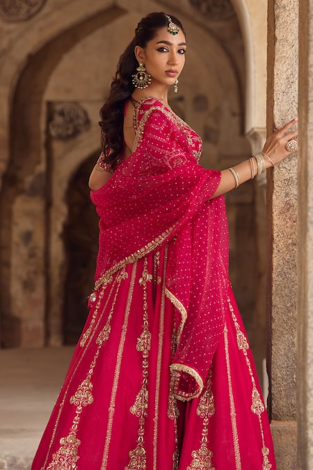 Buy_Kritika Dawar_Magenta , Organza Diamonds, Pearls, Zari Embroidered Lehenga Set _Online_at_Aza_Fashions