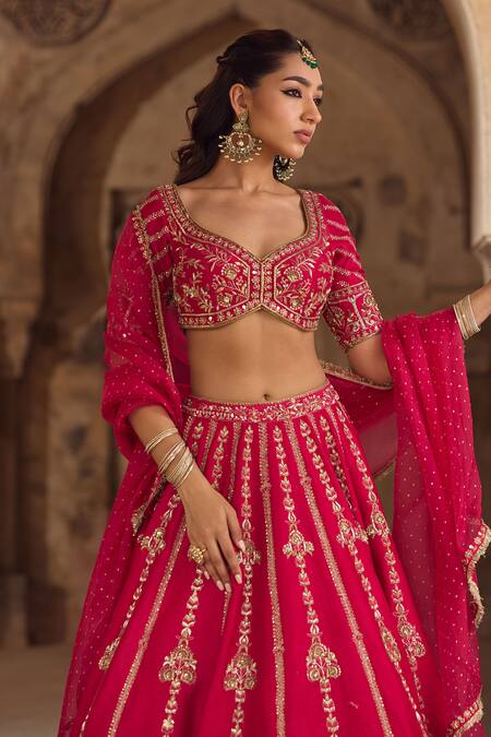 Shop_Kritika Dawar_Magenta , Organza Diamonds, Pearls, Zari Embroidered Lehenga Set _Online_at_Aza_Fashions