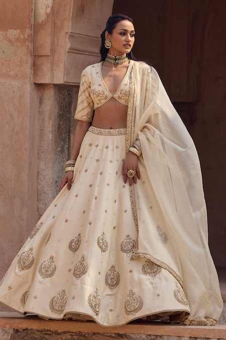 Kritika Dawar Ivory , Organza Embroidery V-neck Chand Phool Motif Lehenga Set 