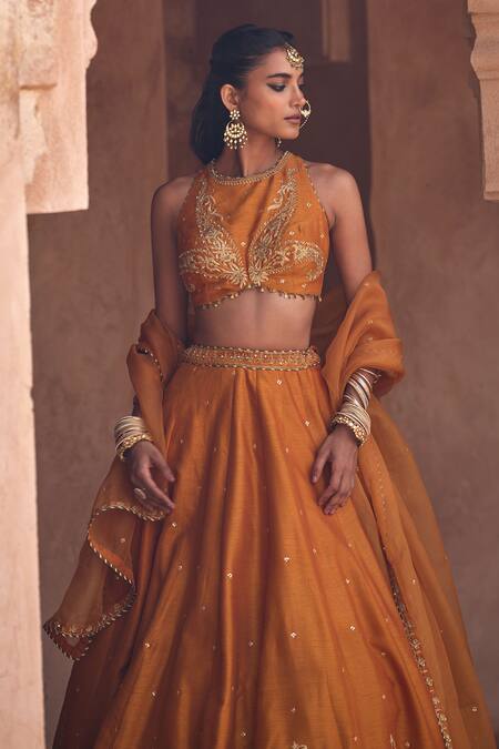 Buy Kritika Dawar Rust , Organza Sequins, Embroidery Halter Neck Mustard Lehenga Set Online at Aza Fashions Buy_Kritika Dawar_Rust , Organza Sequins, Embroidery Halter Neck Mustard Lehenga Set _Online_at_Aza_Fashions
