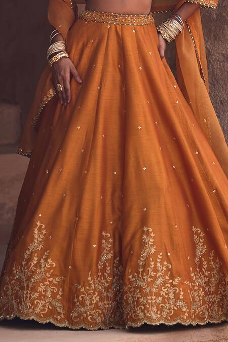 Buy Kritika Dawar Rust , Organza Sequins, Embroidery Halter Neck Mustard Lehenga Set Buy_Kritika Dawar_Rust , Organza Sequins, Embroidery Halter Neck Mustard Lehenga Set