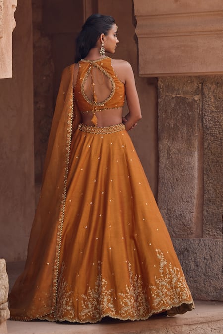 Kritika Dawar Rust , Organza Sequins, Embroidery Halter Neck Mustard Lehenga Set Online at Aza Fashions Kritika Dawar_Rust , Organza Sequins, Embroidery Halter Neck Mustard Lehenga Set _Online_at_Aza_Fashions