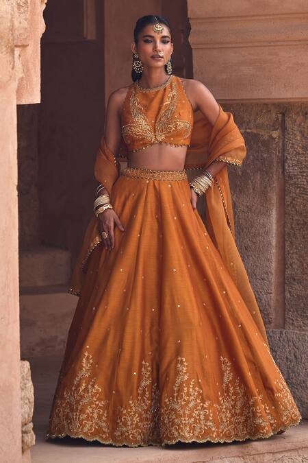 Shop Kritika Dawar Rust , Organza Sequins, Embroidery Halter Neck Mustard Lehenga Set Shop_Kritika Dawar_Rust , Organza Sequins, Embroidery Halter Neck Mustard Lehenga Set