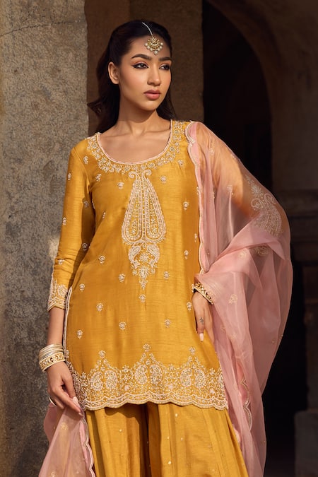 Buy_Kritika Dawar_Yellow , Organza Pearls, Sequins, Embroidery Round Paisley Sharara Set _Online_at_Aza_Fashions