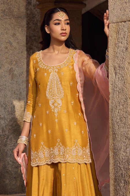 Shop_Kritika Dawar_Yellow , Organza Pearls, Sequins, Embroidery Round Paisley Sharara Set _Online_at_Aza_Fashions