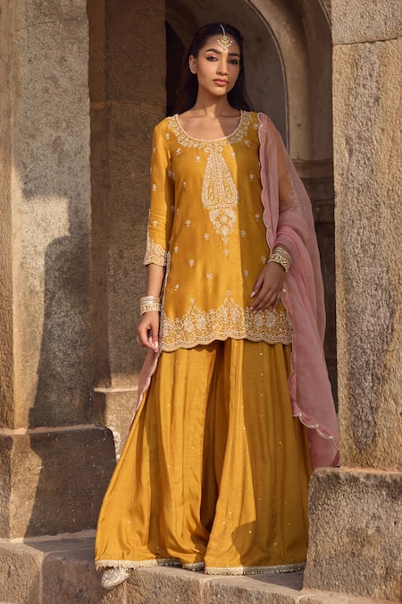 Kritika Dawar_Yellow , Organza Pearls, Sequins, Embroidery Round Paisley Sharara Set _at_Aza_Fashions