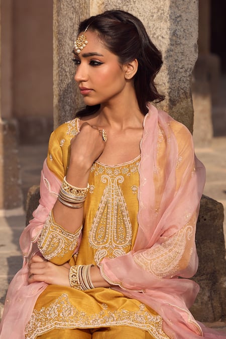 Buy_Kritika Dawar_Yellow , Organza Pearls, Sequins, Embroidery Round Paisley Sharara Set 
