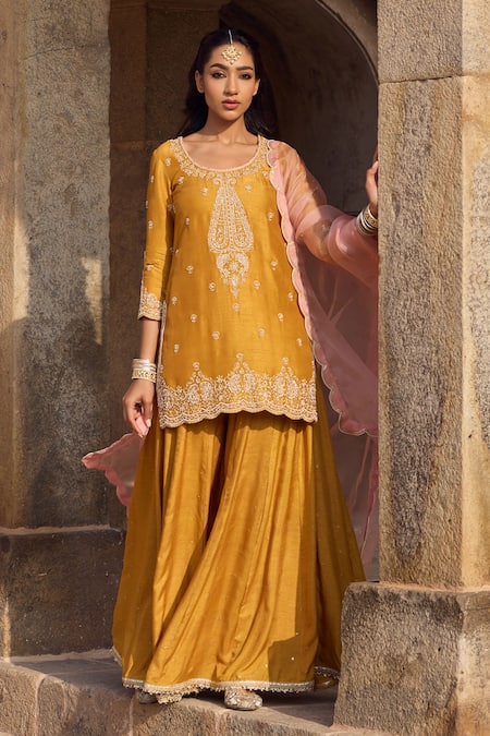 Kritika Dawar Yellow , Organza Pearls, Sequins, Embroidery Round Paisley Sharara Set 