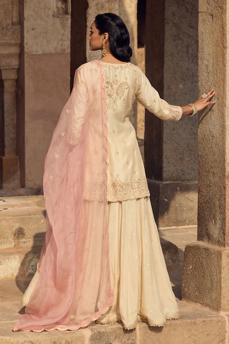 Kritika Dawar_Ivory , Organza Embroidery, Sequins Round Paisley Kurta Sharara Set _Online_at_Aza_Fashions