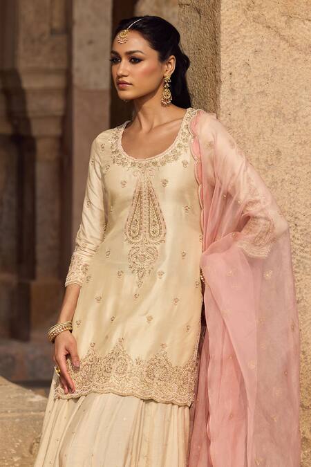 Buy_Kritika Dawar_Ivory , Organza Embroidery, Sequins Round Paisley Kurta Sharara Set _Online_at_Aza_Fashions