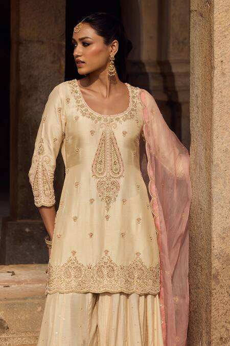 Shop_Kritika Dawar_Ivory , Organza Embroidery, Sequins Round Paisley Kurta Sharara Set _Online_at_Aza_Fashions