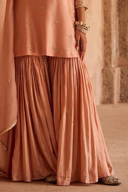 Kritika Dawar_Pink Silk, Tissue Pearls, Sequins V-neck Embroidered Kurta Sharara Set _Online_at_Aza_Fashions