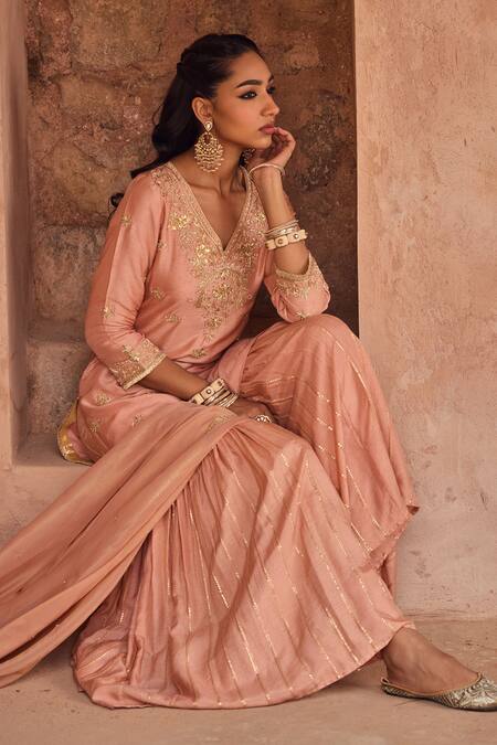 Buy_Kritika Dawar_Pink Silk, Tissue Pearls, Sequins V-neck Embroidered Kurta Sharara Set _Online_at_Aza_Fashions