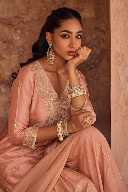 Shop_Kritika Dawar_Pink Silk, Tissue Pearls, Sequins V-neck Embroidered Kurta Sharara Set _Online_at_Aza_Fashions