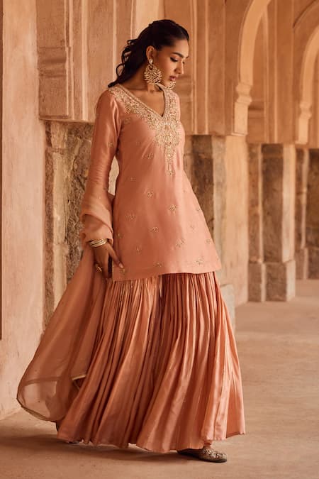 Kritika Dawar_Pink Silk, Tissue Pearls, Sequins V-neck Embroidered Kurta Sharara Set _at_Aza_Fashions