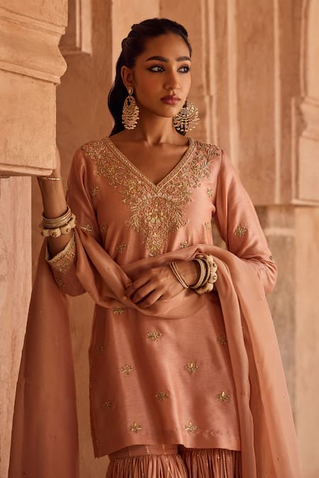 Buy_Kritika Dawar_Pink Silk, Tissue Pearls, Sequins V-neck Embroidered Kurta Sharara Set 