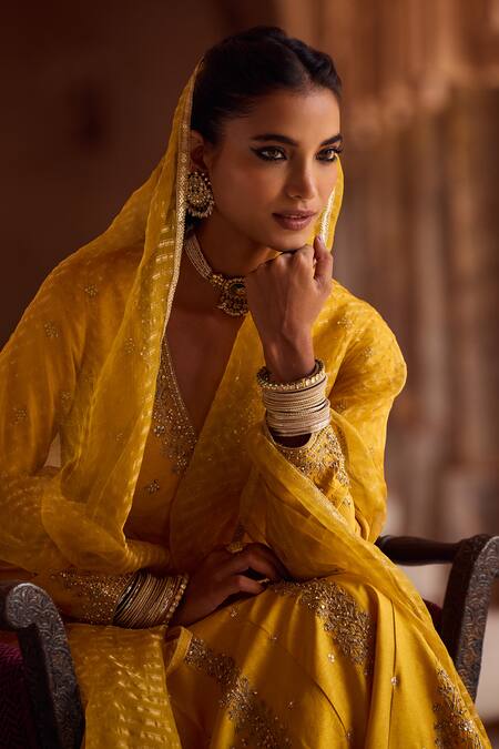 Buy Kritika Dawar Yellow Silk, Organza Embroidery V-neck Anarkali Set With Dupatta Online at Aza Fashions Buy_Kritika Dawar_Yellow Silk, Organza Embroidery V-neck Anarkali Set With Dupatta _Online_at_Aza_Fashions