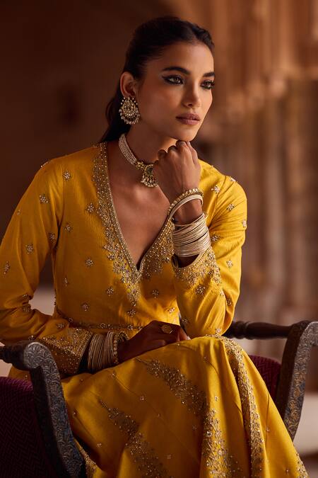 Shop Kritika Dawar Yellow Silk, Organza Embroidery V-neck Anarkali Set With Dupatta Online at Aza Fashions Shop_Kritika Dawar_Yellow Silk, Organza Embroidery V-neck Anarkali Set With Dupatta _Online_at_Aza_Fashions