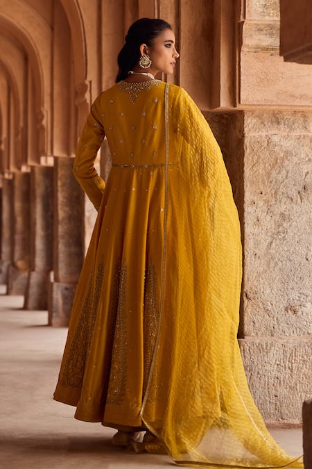 Shop Kritika Dawar Yellow Silk, Organza Embroidery V-neck Anarkali Set With Dupatta at Aza Fashions Shop_Kritika Dawar_Yellow Silk, Organza Embroidery V-neck Anarkali Set With Dupatta _at_Aza_Fashions