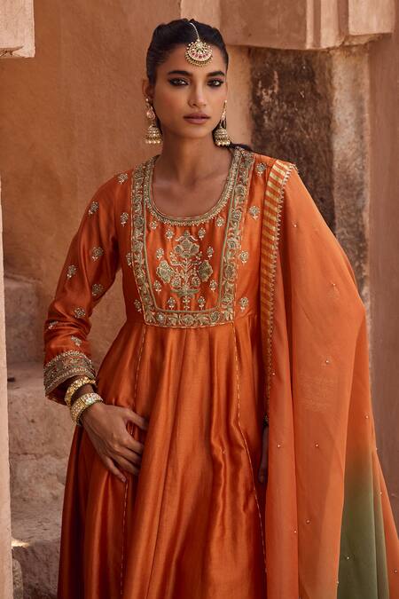 Buy Kritika Dawar Rust Silk, Chanderi, Tissue Embroidery Round Neck Dori Hand Anarkali Set Online at Aza Fashions Buy_Kritika Dawar_Rust Silk, Chanderi, Tissue Embroidery Round Neck Dori Hand Anarkali Set _Online_at_Aza_Fashions