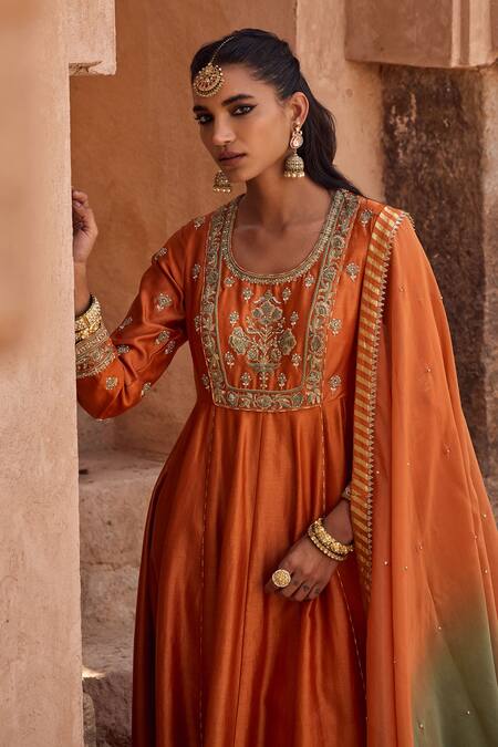Shop Kritika Dawar Rust Silk, Chanderi, Tissue Embroidery Round Neck Dori Hand Anarkali Set Online at Aza Fashions Shop_Kritika Dawar_Rust Silk, Chanderi, Tissue Embroidery Round Neck Dori Hand Anarkali Set _Online_at_Aza_Fashions