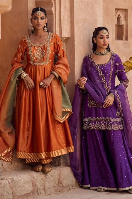 Kritika Dawar Rust Silk, Chanderi, Tissue Embroidery Round Neck Dori Hand Anarkali Set at Aza Fashions Kritika Dawar_Rust Silk, Chanderi, Tissue Embroidery Round Neck Dori Hand Anarkali Set _at_Aza_Fashions