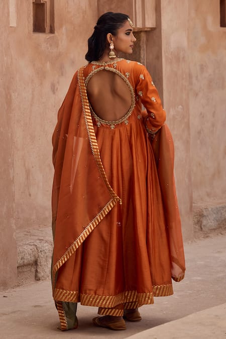 Kritika Dawar Rust Silk, Chanderi, Tissue Embroidery Round Neck Dori Hand Anarkali Set Online at Aza Fashions Kritika Dawar_Rust Silk, Chanderi, Tissue Embroidery Round Neck Dori Hand Anarkali Set _Online_at_Aza_Fashions