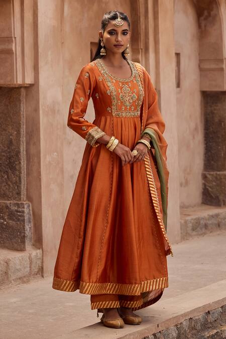 Buy Kritika Dawar Rust Silk, Chanderi, Tissue Embroidery Round Neck Dori Hand Anarkali Set Buy_Kritika Dawar_Rust Silk, Chanderi, Tissue Embroidery Round Neck Dori Hand Anarkali Set