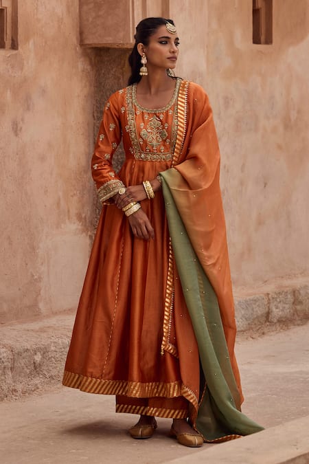 Shop Kritika Dawar Rust Silk, Chanderi, Tissue Embroidery Round Neck Dori Hand Anarkali Set Shop_Kritika Dawar_Rust Silk, Chanderi, Tissue Embroidery Round Neck Dori Hand Anarkali Set
