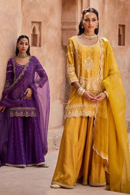 Shop_Kritika Dawar_Mustard , Organza Sequins, Embroidery Round Scalloped Kurta Sharara Set _Online_at_Aza_Fashions