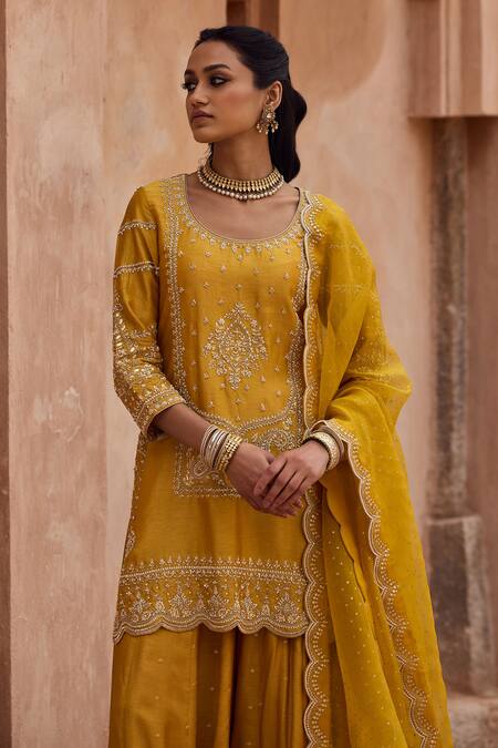 Kritika Dawar_Mustard , Organza Sequins, Embroidery Round Scalloped Kurta Sharara Set _at_Aza_Fashions