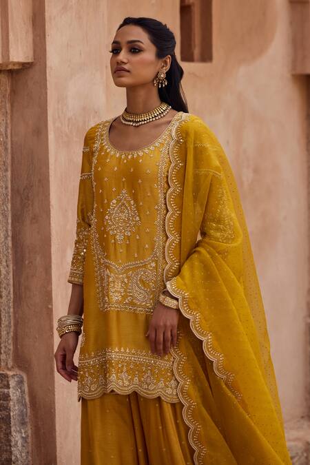Shop_Kritika Dawar_Mustard , Organza Sequins, Embroidery Round Scalloped Kurta Sharara Set 